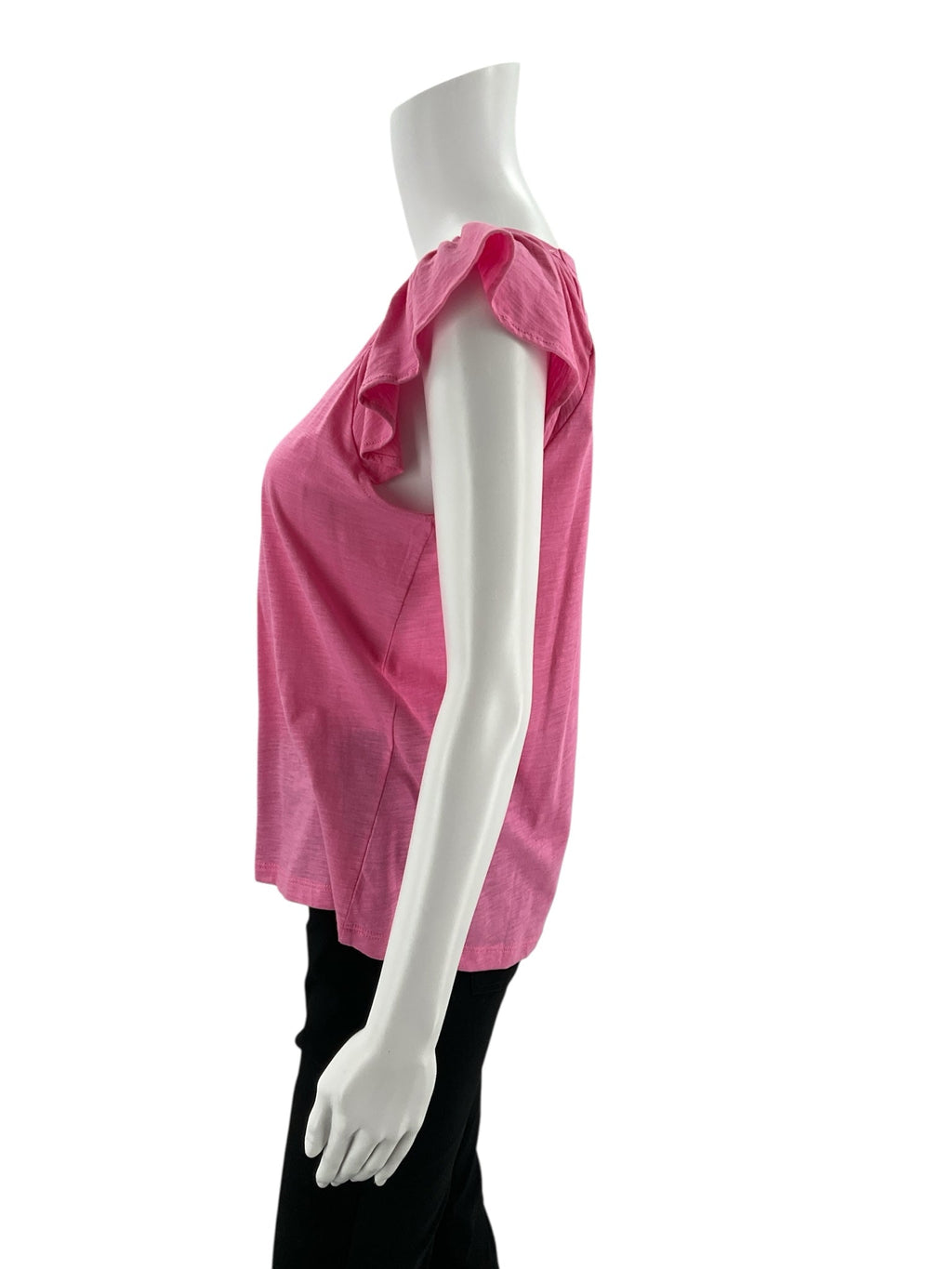 Loft pink solid pre-owned ladies' casual top in size small, featuring short sleeves and a relaxed fit.