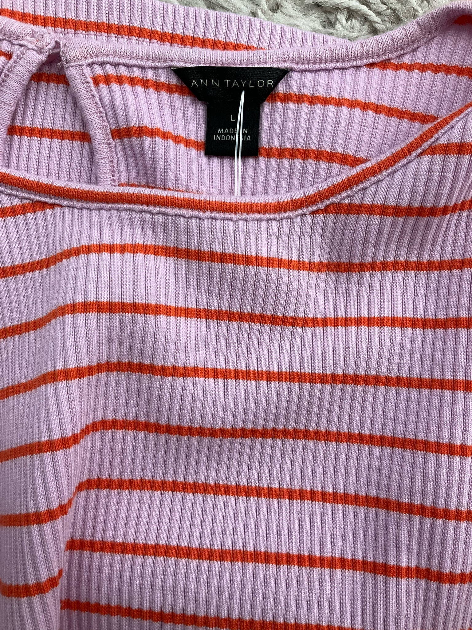 Ann Taylor pre-owned ladies top in pink and orange stripes, size large, featuring a classic office casual style.