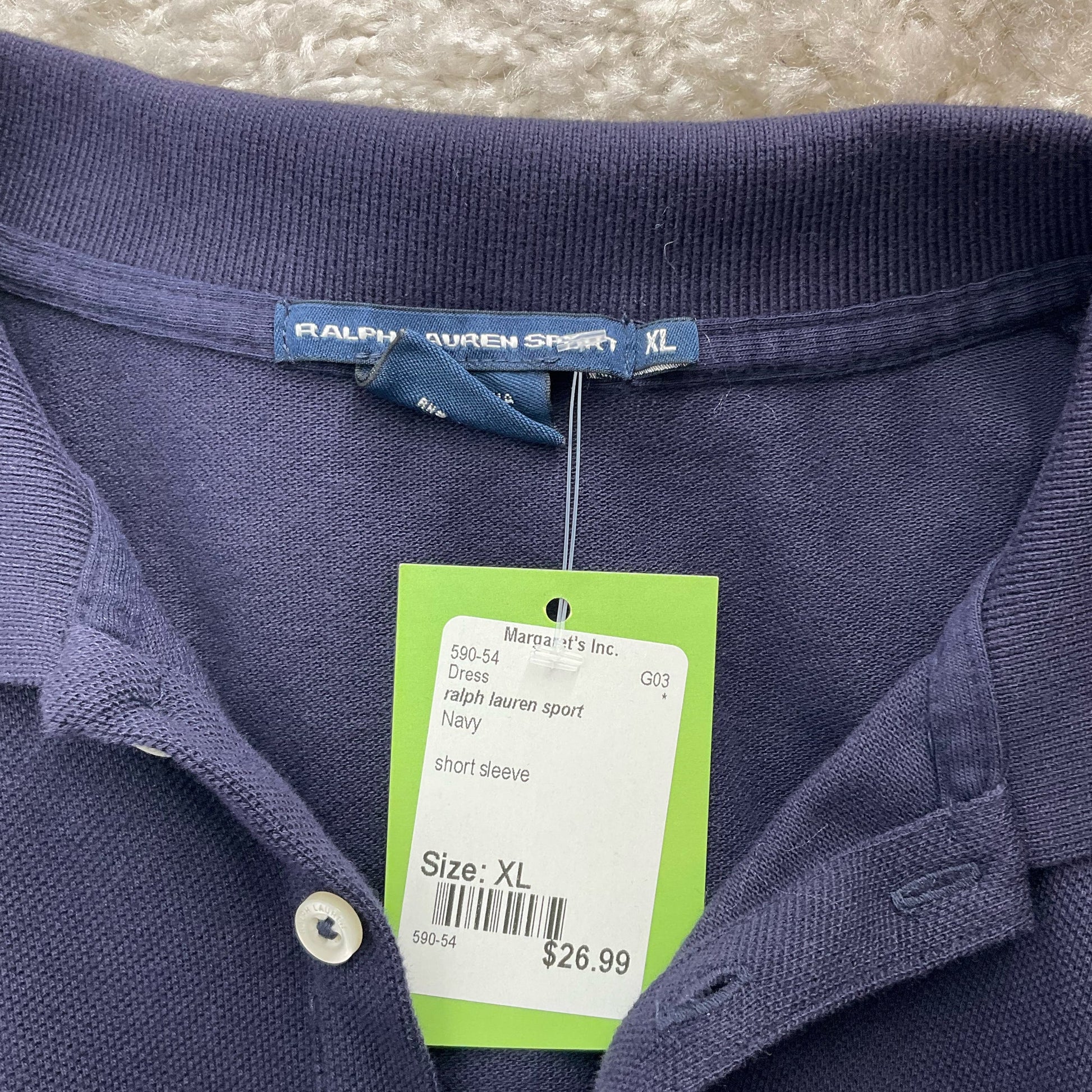 Close-up of Ralph Lauren Sport Navy Pre-Owned Dress - Size XL collar with Margaret's price tag showing $26.99.