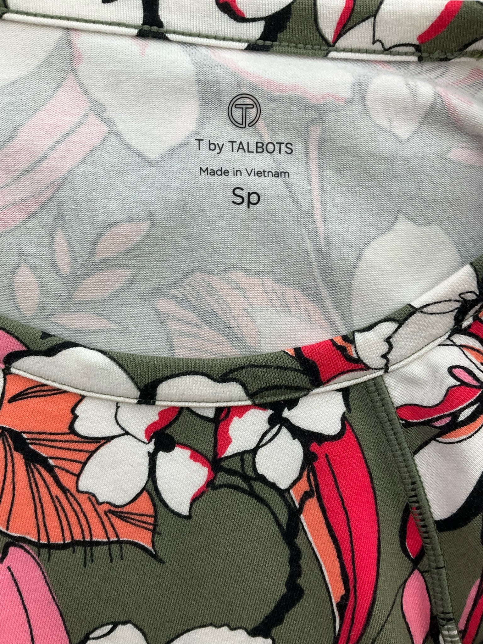 Talbots casual knit tee in olive, pink, and white floral print, crew neck, short sleeve, size small petite.