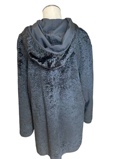 Back view of Creenstone Coat Size 8 with hood and plush black faux fur design, available at Margaret's Fine Consignments.