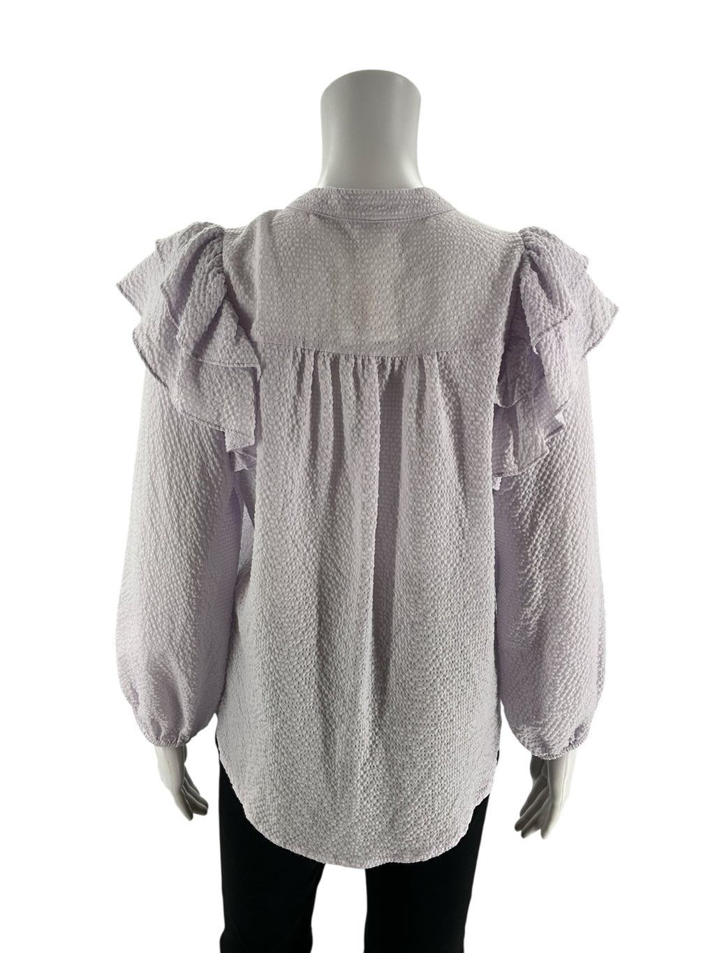 Textured French lavender ladies top by FRNCH in size small, showcasing a romantic, boho style for casual wear.