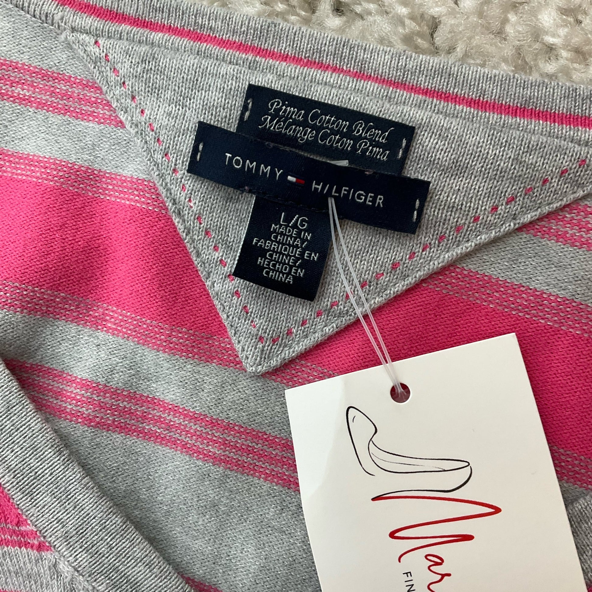 Tommy Hilfiger Gray/Pink Stripe Pre-Owned Ladies Top - Size Large