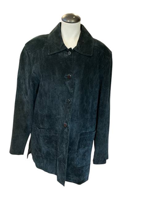 Terry Lewis Jacket Size Large in black genuine leather with front button closure, available at Margaret’s Fine Consignments.