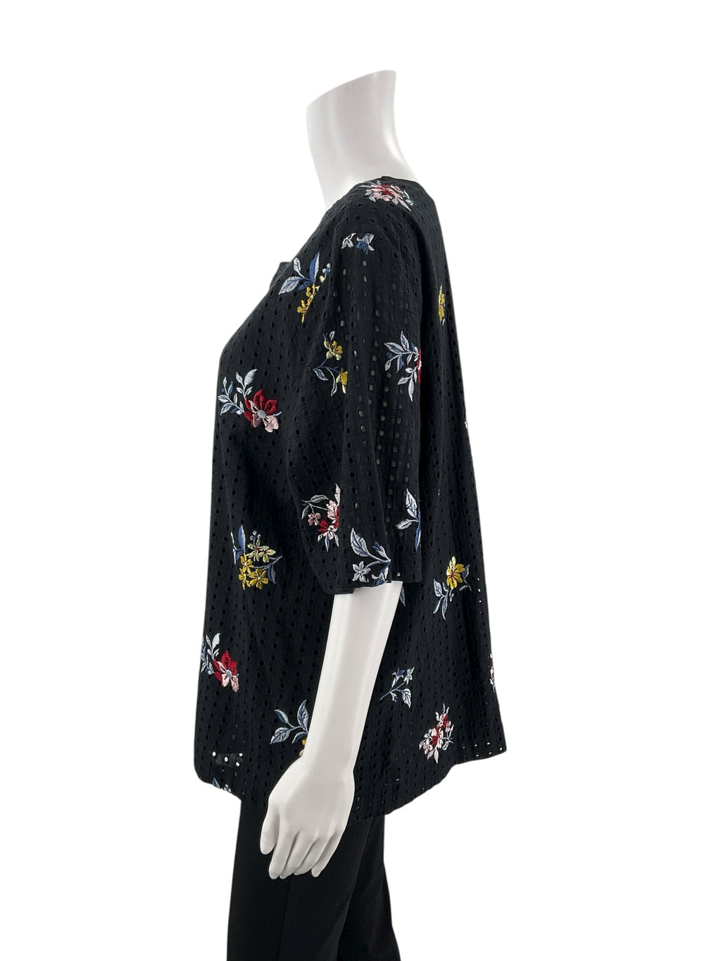 Ann Taylor black and multi floral embroidered top, size XL, featuring a bohemian casual style for women.