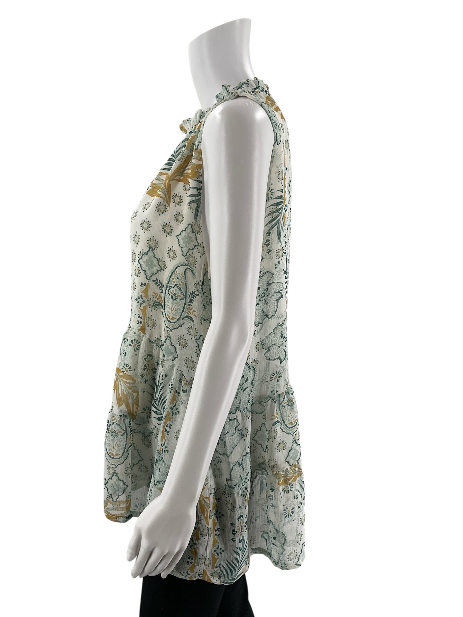 Teal and tan floral sleeveless tunic by Lily Star, featuring a tiered design and high neck, size large.