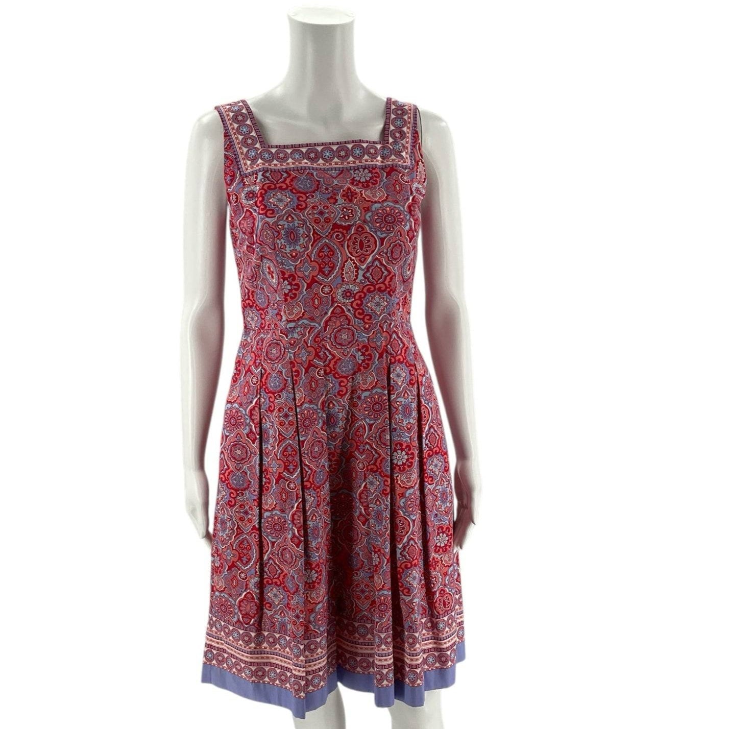 Front view of Talbots Dress Size 2P in pink/red with intricate print and pleated skirt, available at Margaret's Fine Consignments.