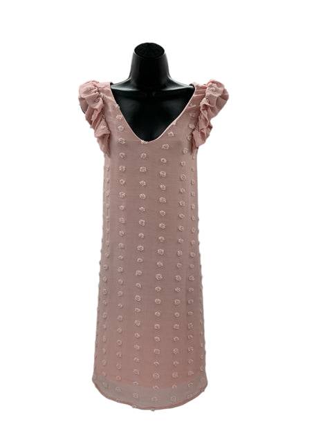 Front view of Jodifl Blush Swiss Dots Dress Size Med on mannequin, featuring textured dot pattern and ruffle sleeves at Margaret’s Fine Consignments.
