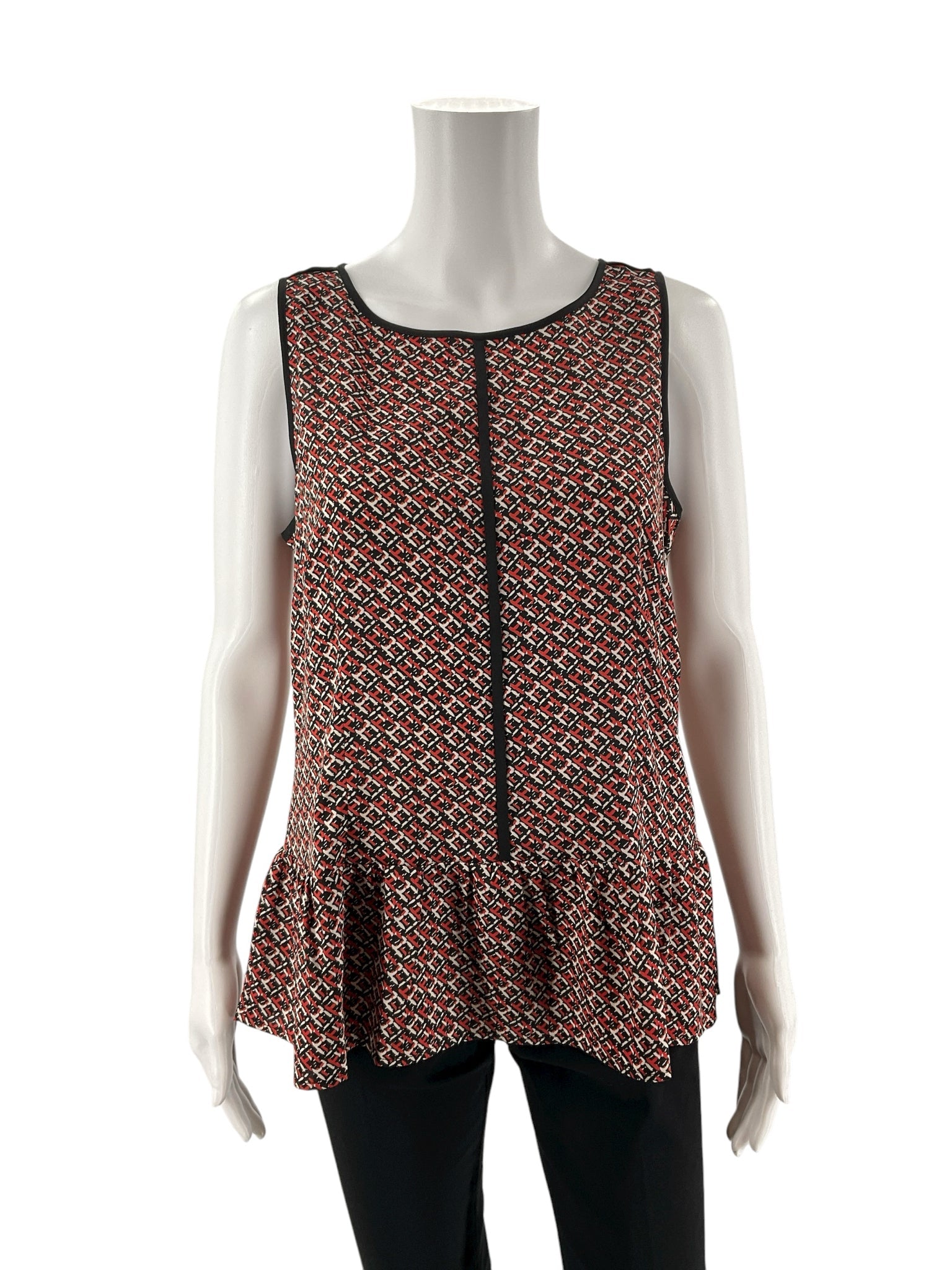Ann Taylor sleeveless peplum top in black, red, and white print with keyhole back, size 8, perfect for business casual wear.
