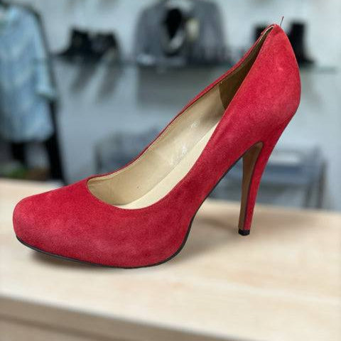 Talbots Shoe Red Suede Heel Size 9.5 with almond toe and stiletto heel, featured at Margaret's Fine Consignments. Elegant red suede finish for formal wear.