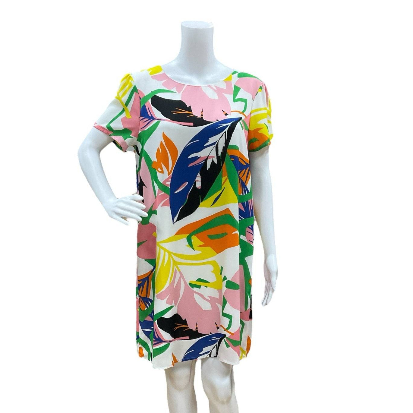 Pre-owned She + Sky tropical floral dress in size small, featuring vibrant multicolor palm leaves on a white base, casual and lightweight.