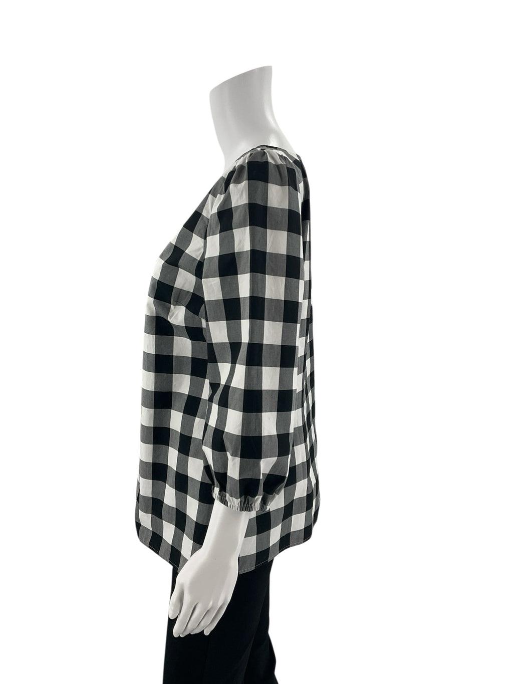 Talbots black and white checkered blouse with puff sleeves, size small, showcasing a preppy cottagecore style.