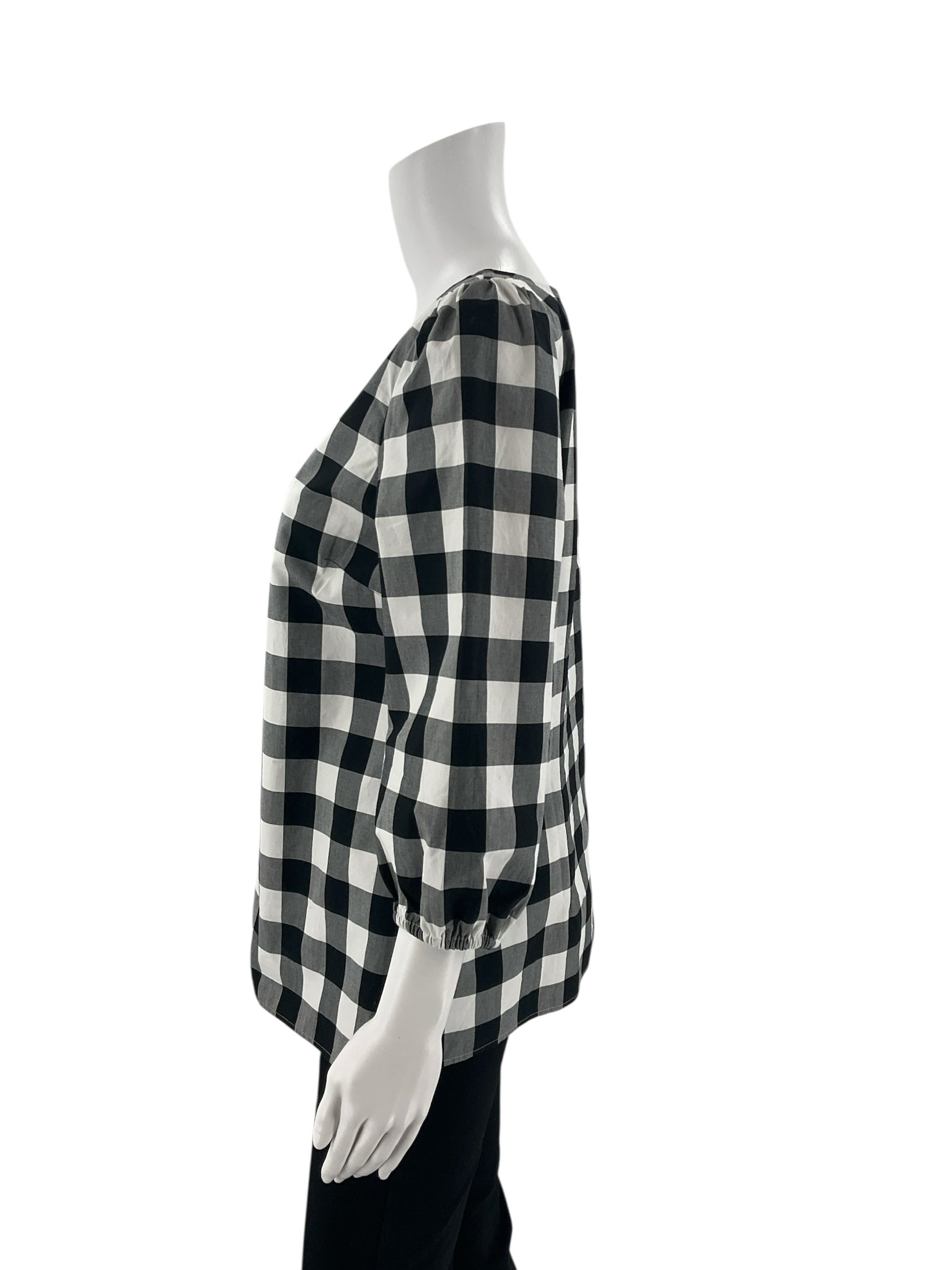 Talbots black and white checkered blouse with puff sleeves, size small, showcasing a preppy cottagecore style.