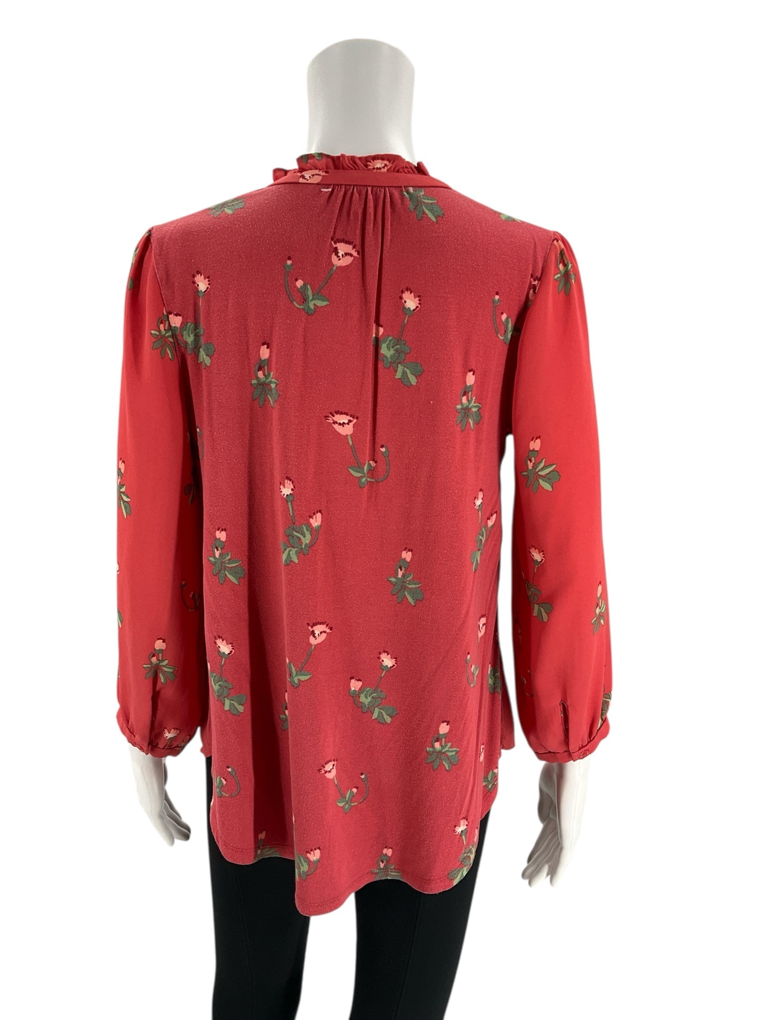 Back view of Loft red floral blouse, pre-owned size small, featuring a relaxed fit and gathered neckline for a polished look.