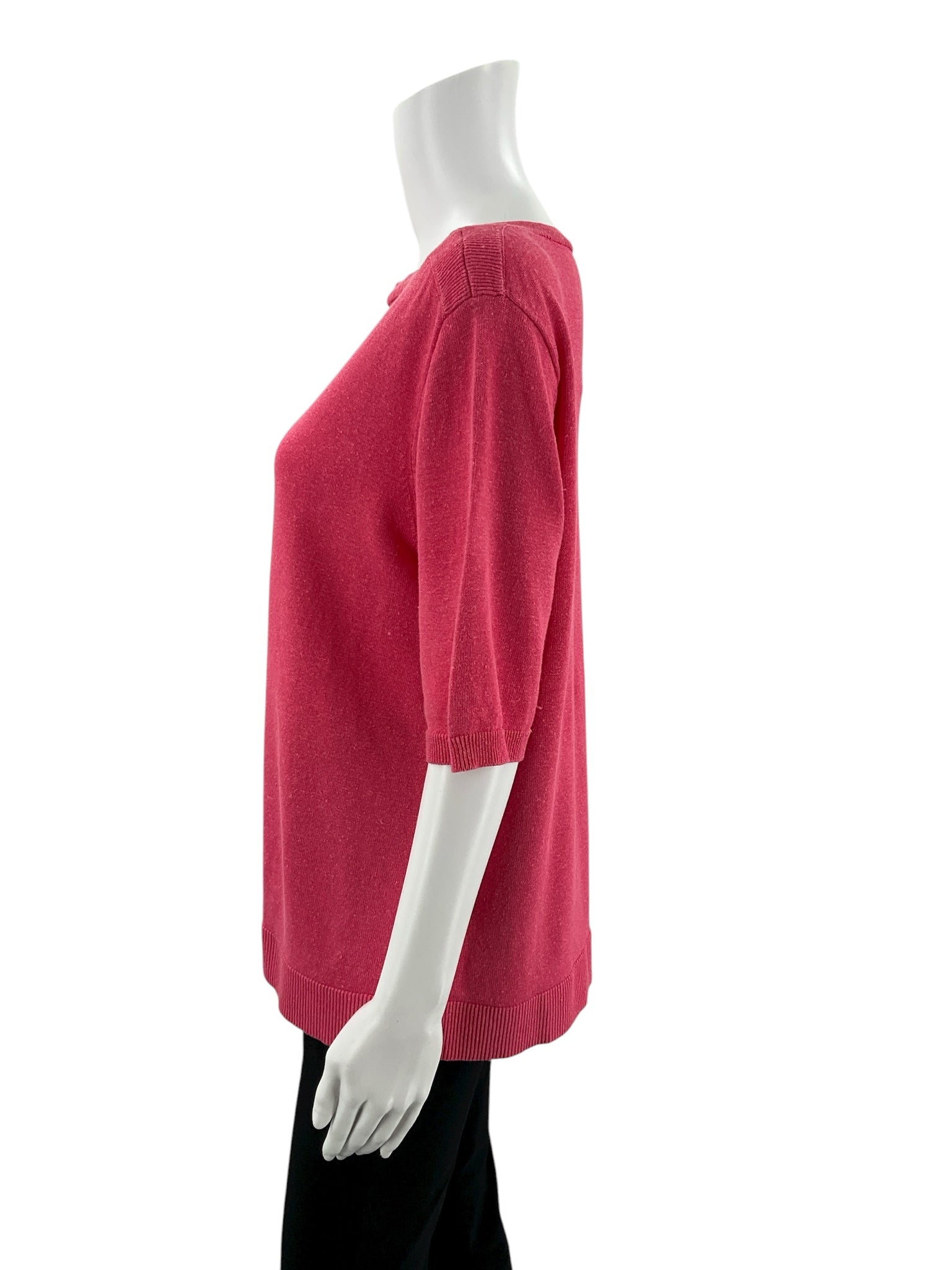 Ann Taylor pink solid knit pullover ladies top, size large, featuring a bateau neck and relaxed fit.