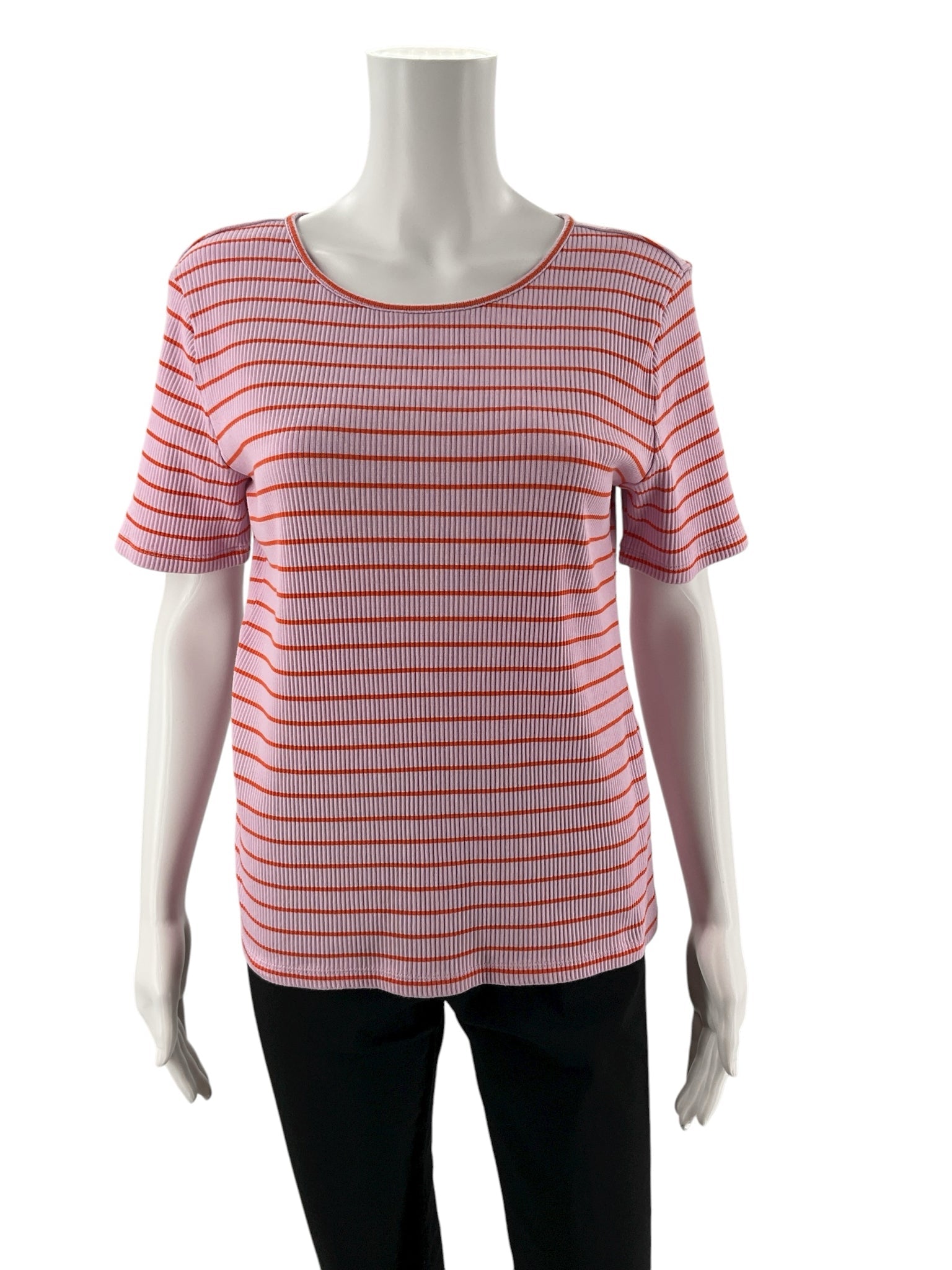 Ann Taylor pink and orange striped pre-owned ladies top in size large, showcasing a classic office casual style.