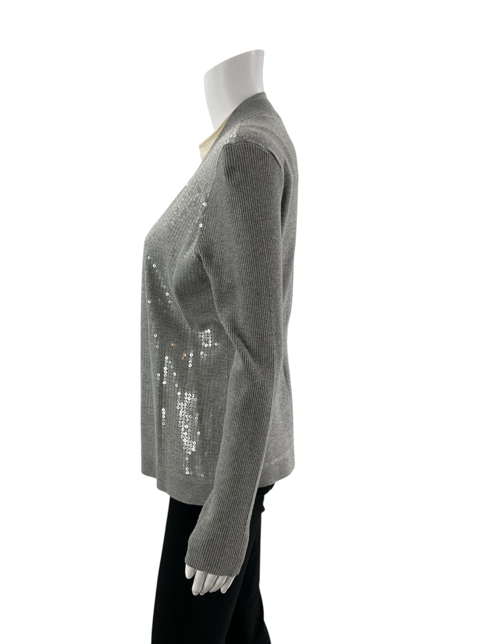 Gray sequined Caché ladies' shrug, size large, featuring an open front design, perfect for evening or cocktail events.