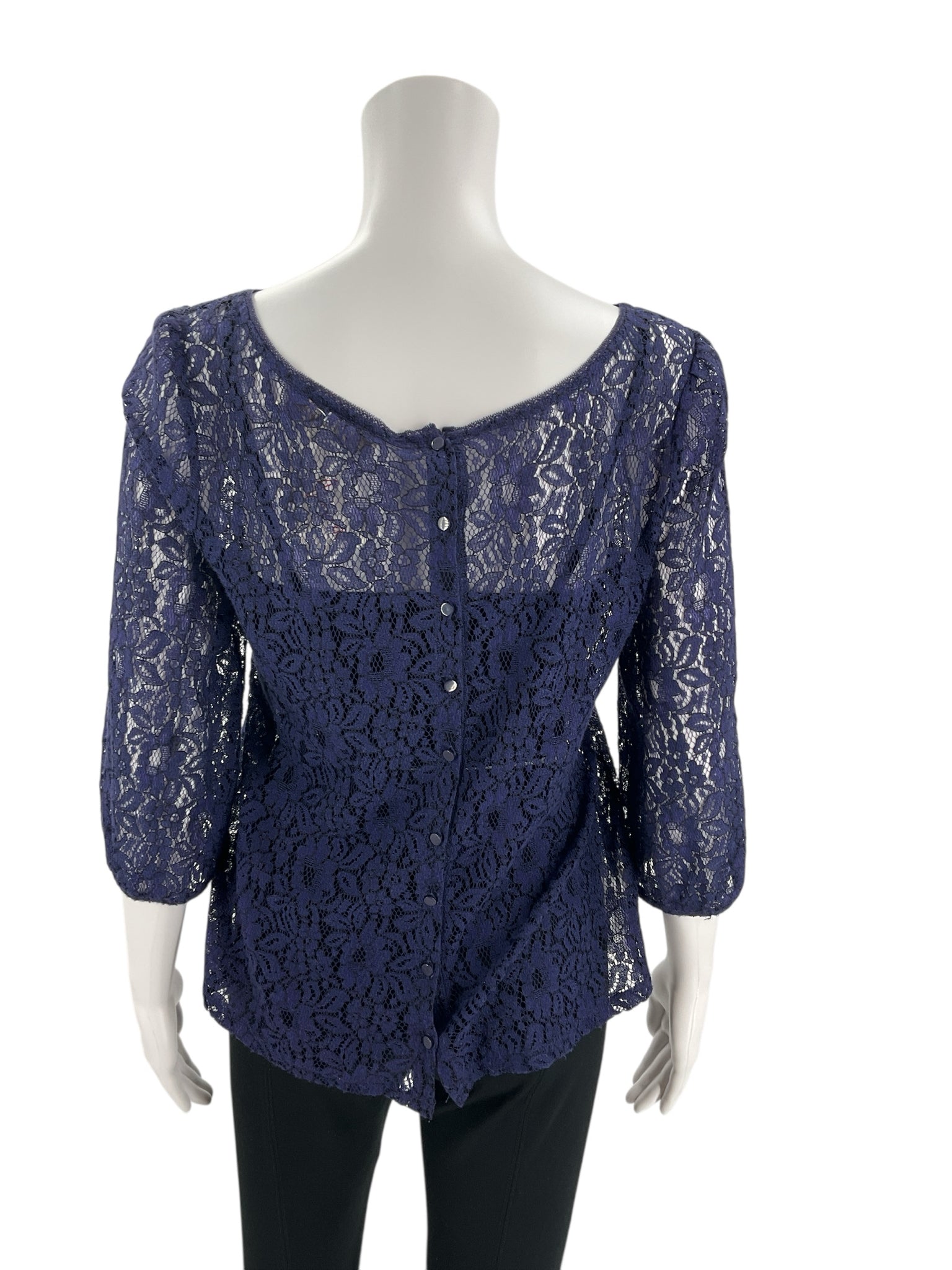 Back view of Loft Blue Lace Pre-Owned Top - Size M featuring button-down detail and semi-sheer lace design for a stylish feminine look.