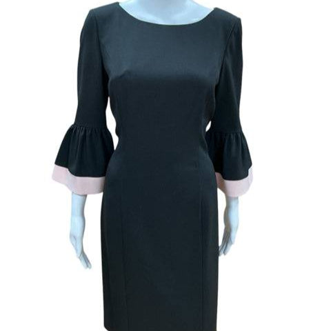 Front view of Ralph Lauren Black Solid Dress Size 8 featuring 3/4 bell sleeves with pink trim, available at Margaret's Fine Consignments.