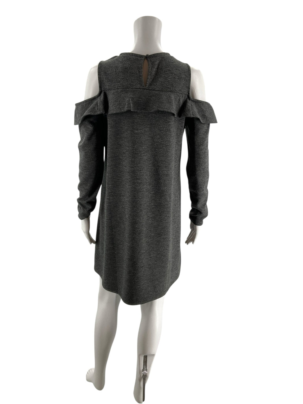 Loft gray heathered cold shoulder A-line dress with ruffle and keyhole back, size small, casual modern feminine style.