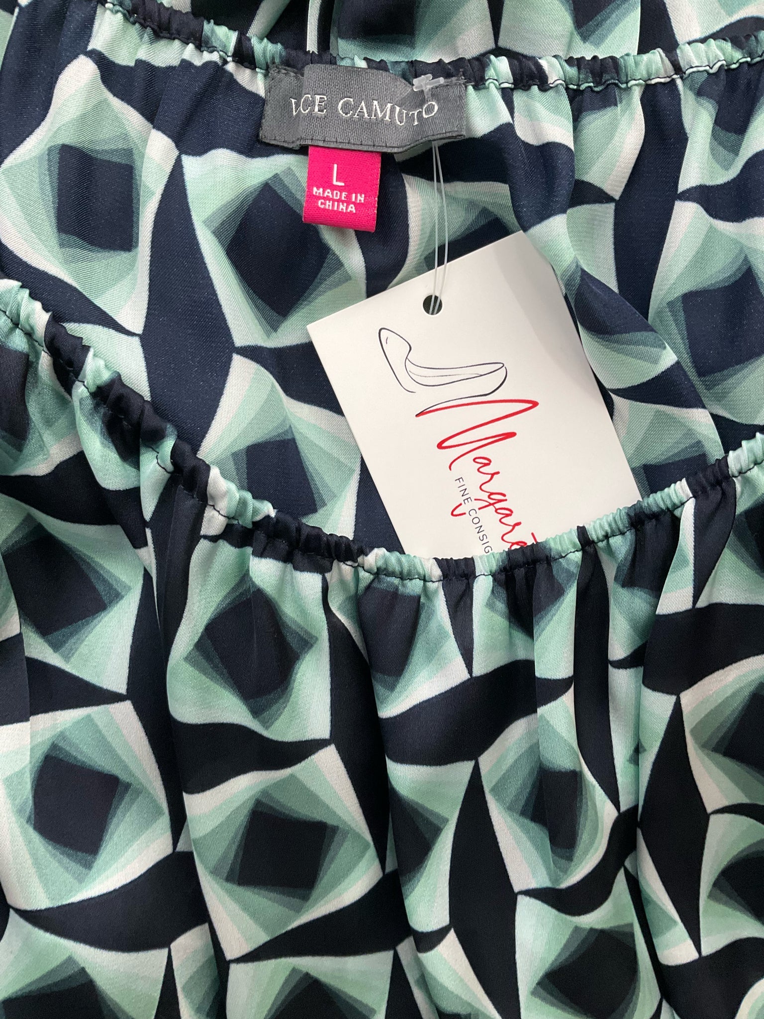 Vince Camuto Navy/Mint Green Print Pre-Owned Top - Size Large