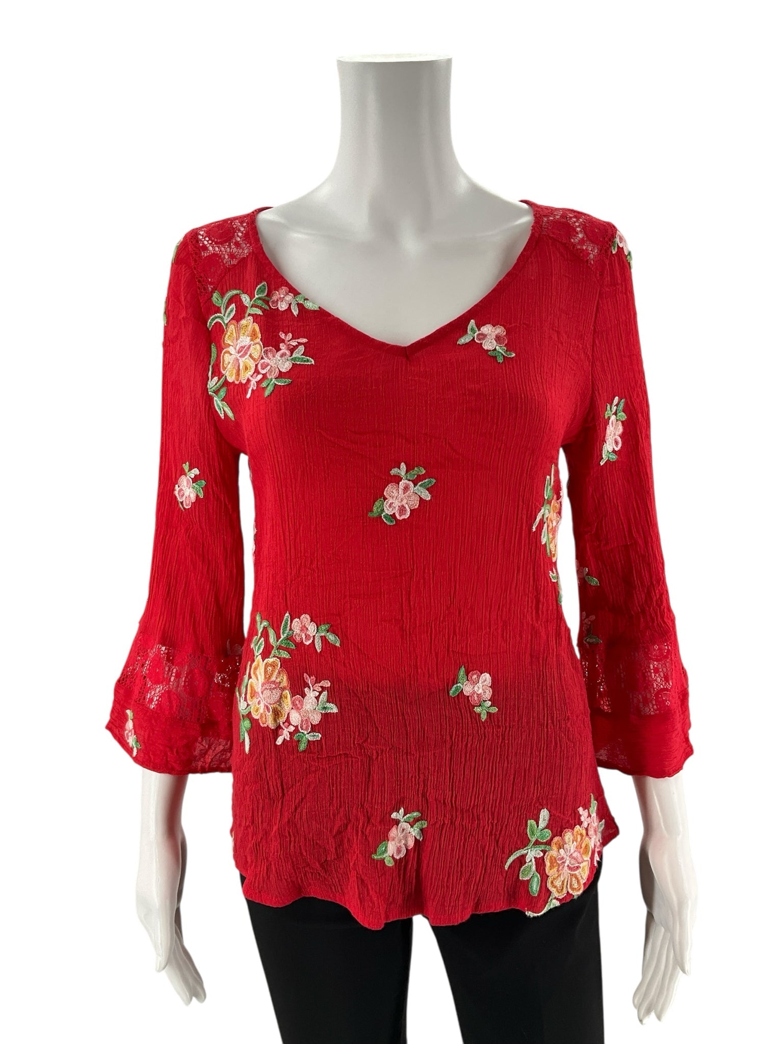 Red and multi-colored embroidered Fig & Flower ladies top, size small, featuring a boho peasant style and romantic design.