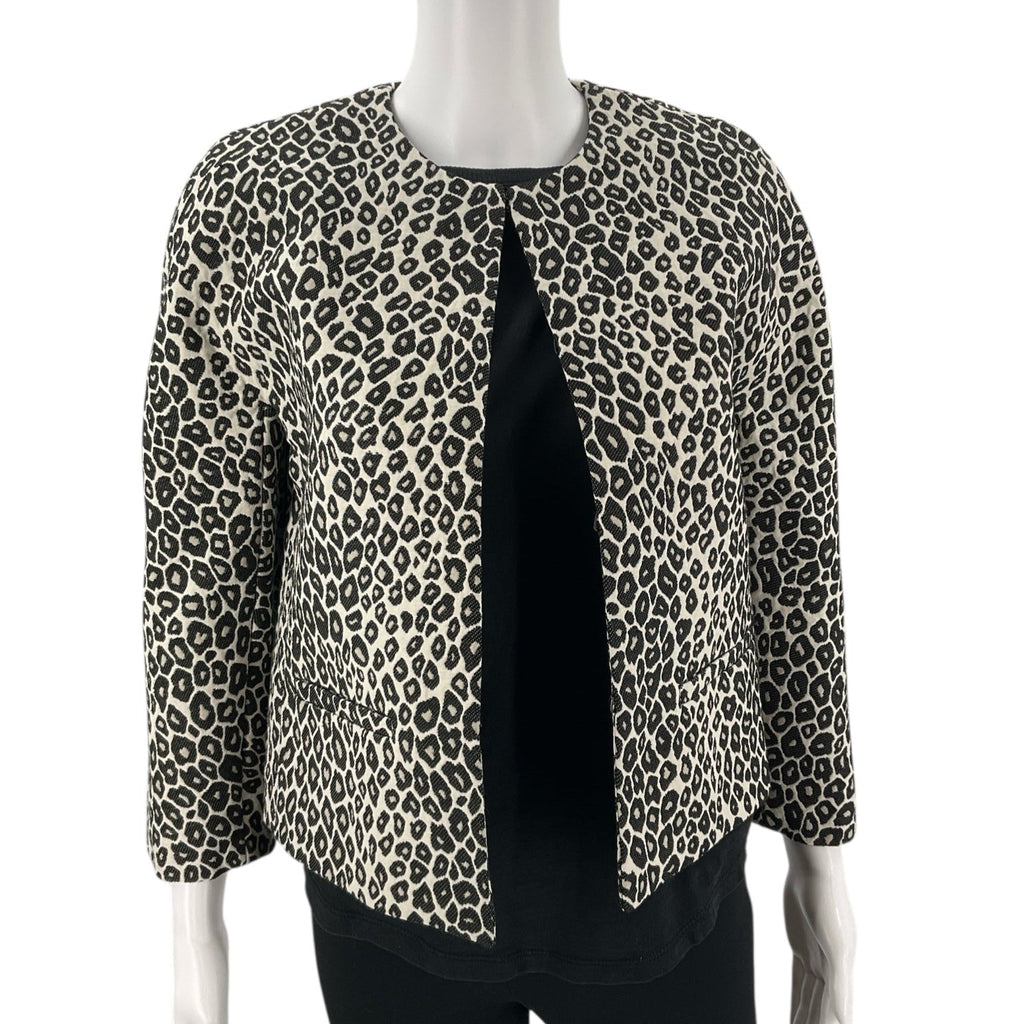 Front view of Ann Taylor Cream/Black Animal Pre-Owned Jacket - Size XS on mannequin, featuring open front and textured leopard pattern.