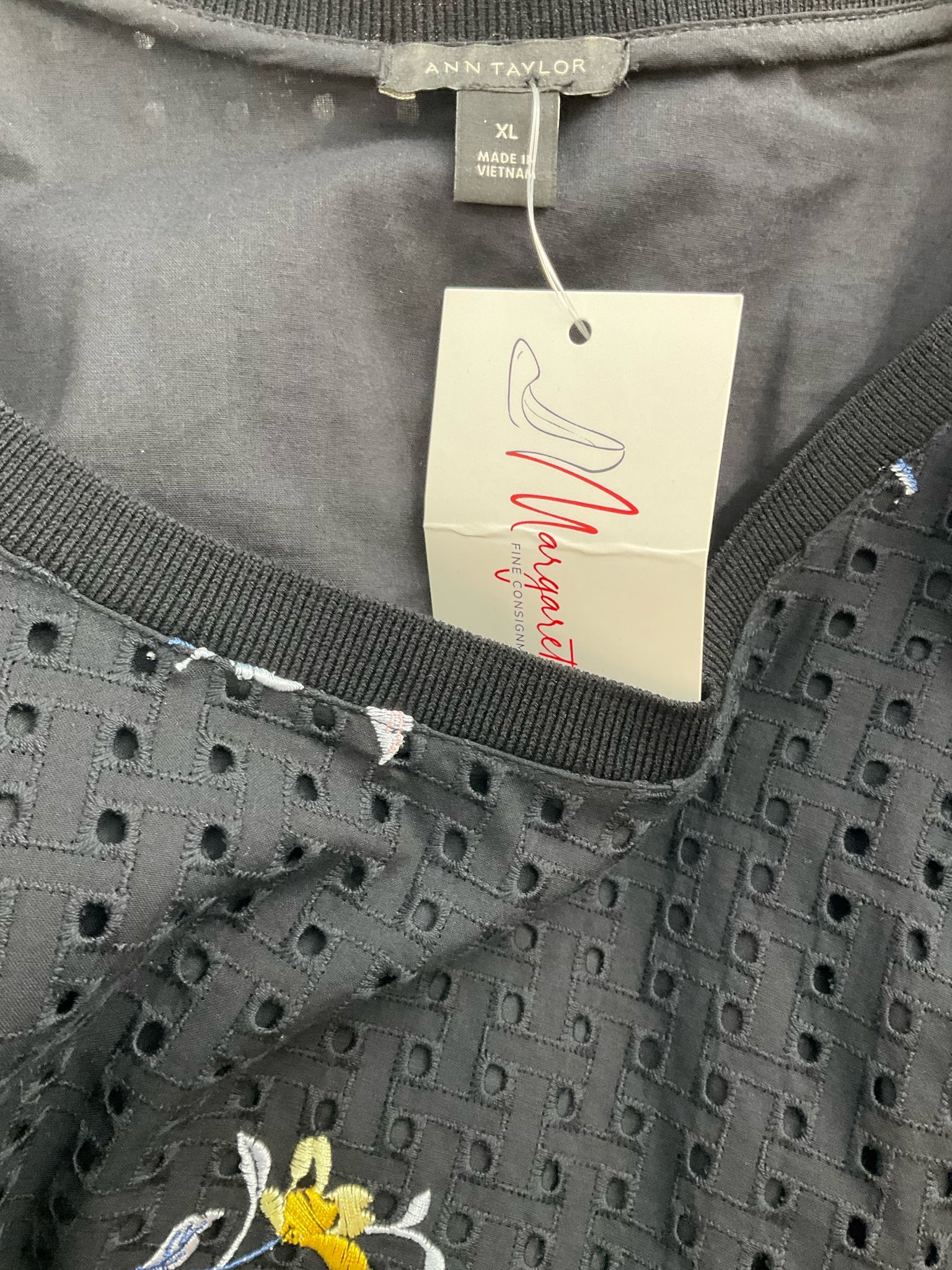 Ann Taylor black and multi floral embroidered top, size XL, featuring a bohemian and feminine casual style.