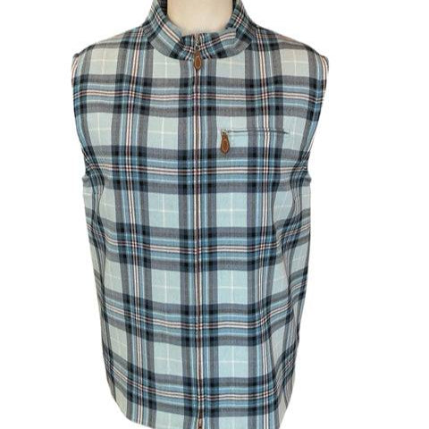 Front view of Doncaster Size L Blue Plaid Vest featuring zip closure and chest pocket, available at Margaret’s Fine Consignments.