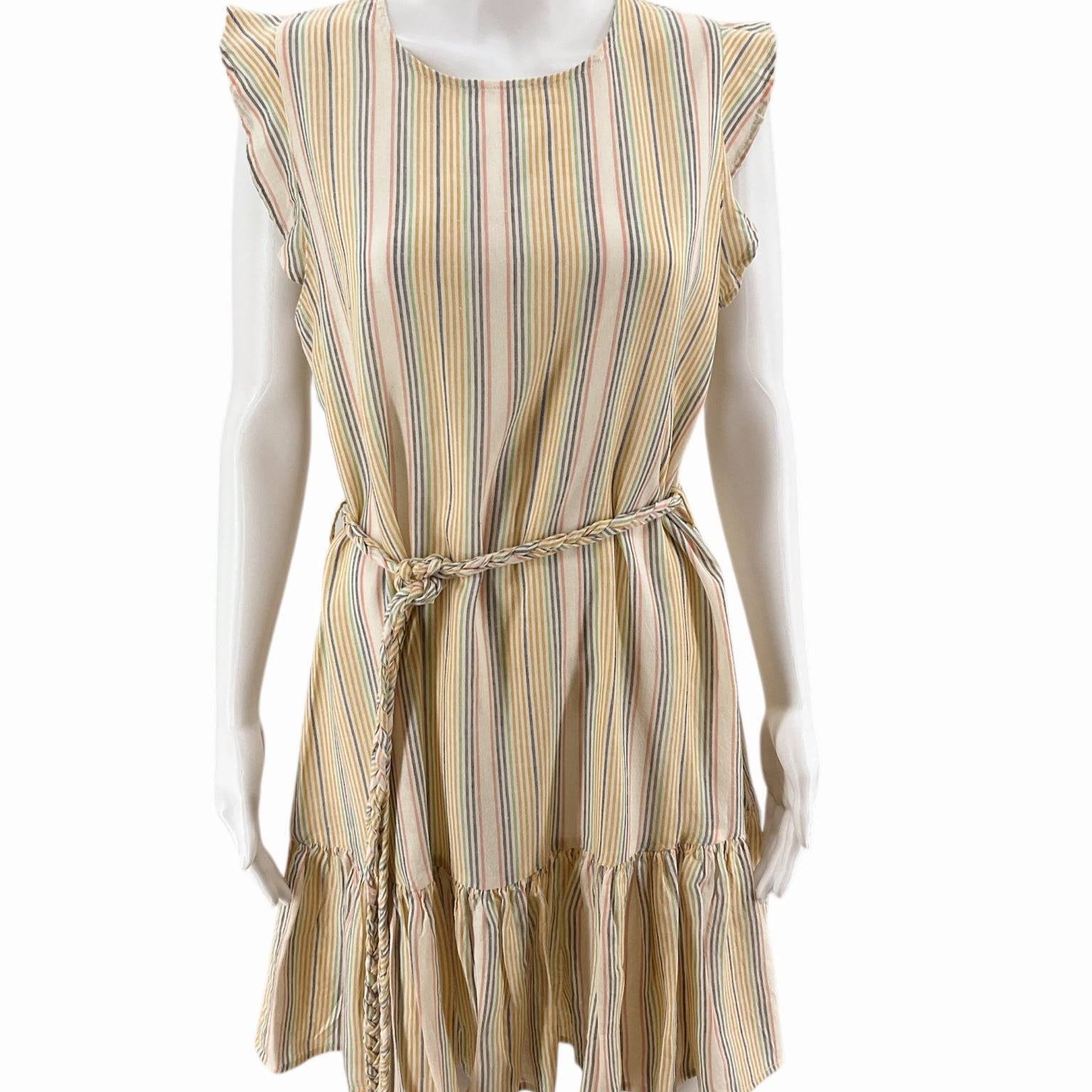 Marine Layer Multi Stripe Size Medium sleeveless dress on mannequin with tie belt and ruffle hem, sold by Margaret’s Fine Consignments.