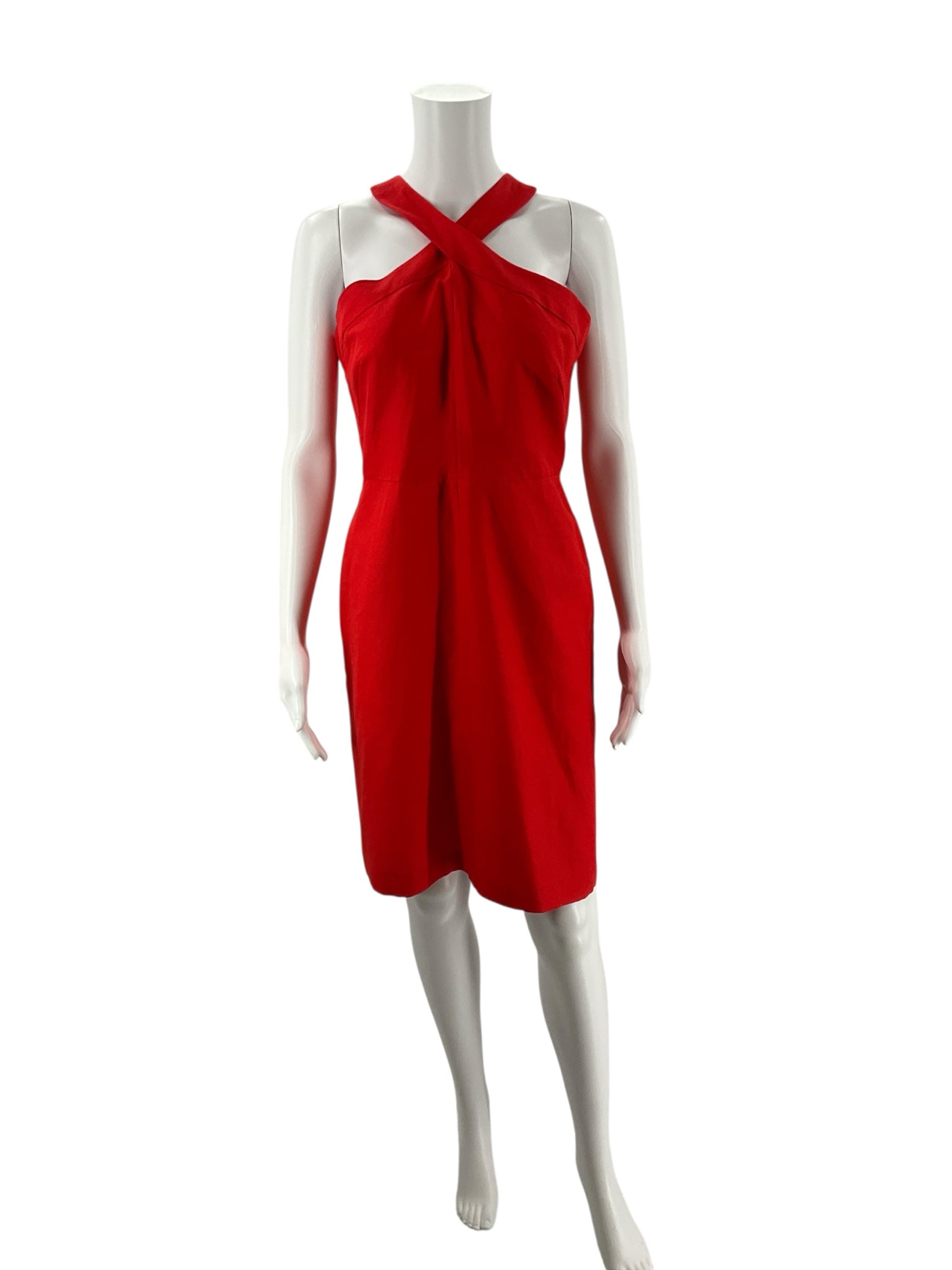 Ann Taylor red solid sleeveless halter dress, size 8, minimalist sheath style perfect for cocktail or wedding guest occasions.