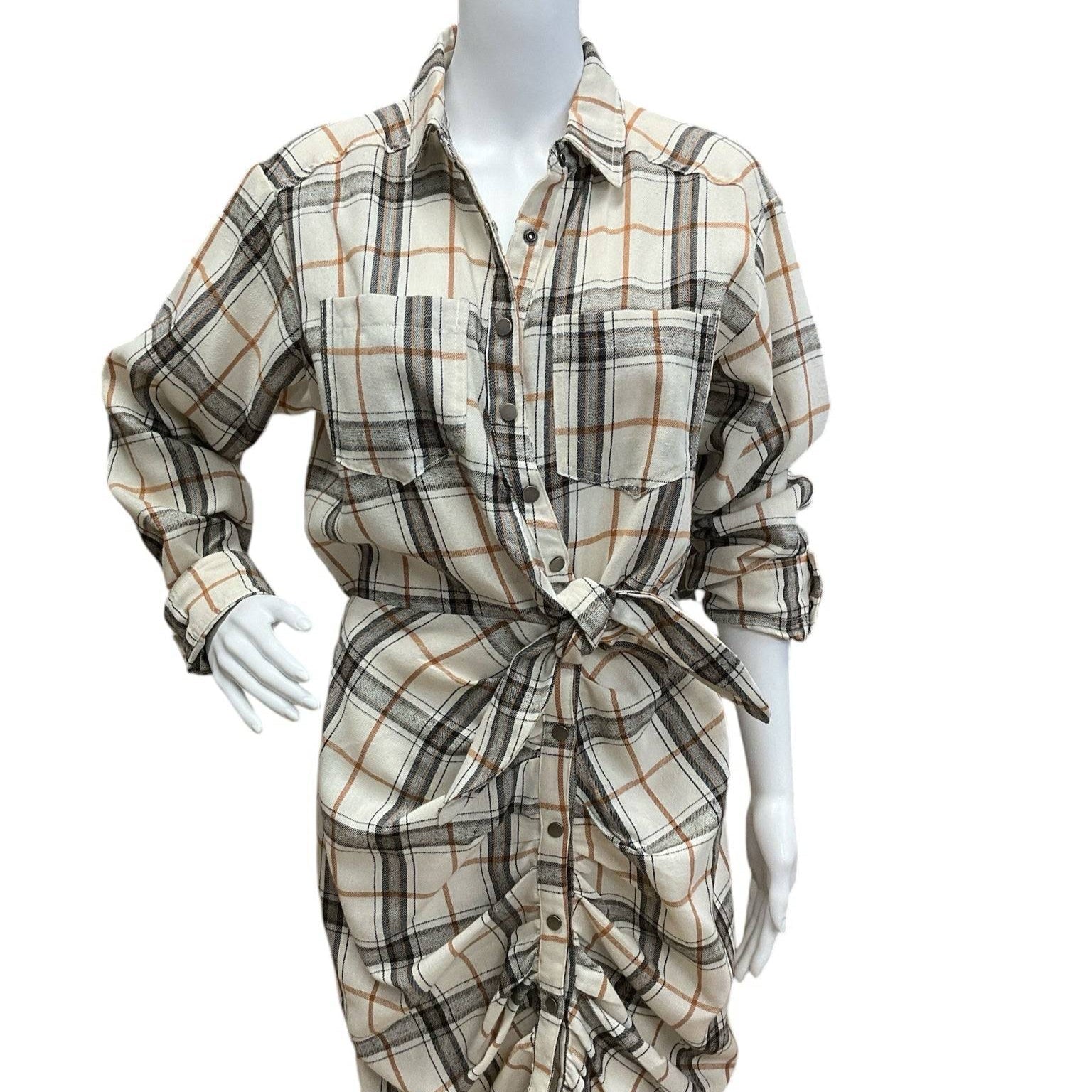 Tan and black plaid Fate Dress Size Large displayed on mannequin, with button-down front, chest pockets, and adjustable tie waist.