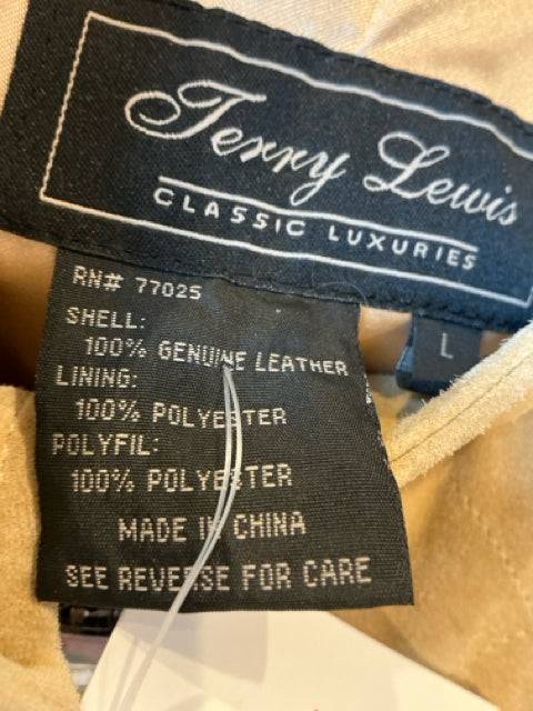 Close-up of Terry Lewis jacket label showing size Large and material details, 100% genuine leather, from Margaret’s Fine Consignments.