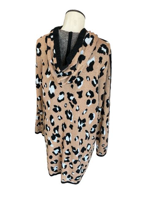 Back view of Chico's Size Large leopard print shrug with hood and black trim, stylish casual top from Margaret’s Fine Consignments.