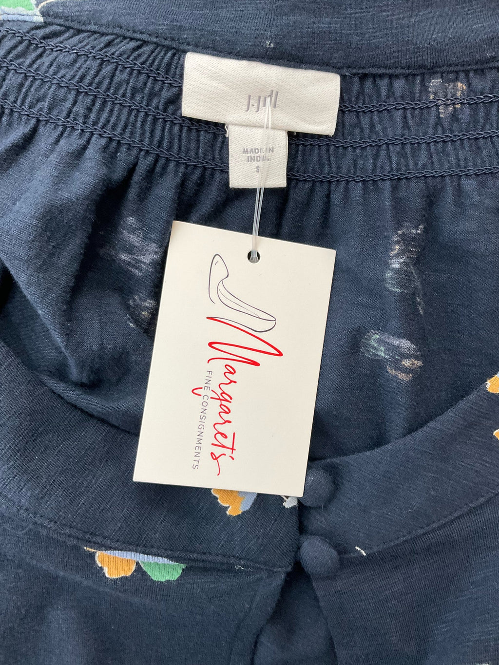 J. Jill navy, yellow, and green floral casual top with pintuck detail, size small, bohemian tunic style.