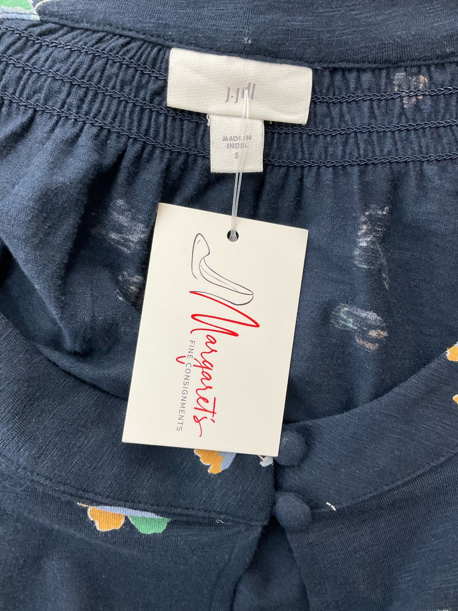 J. Jill navy, yellow, and green floral casual top with pintuck detail, size small, bohemian tunic style.