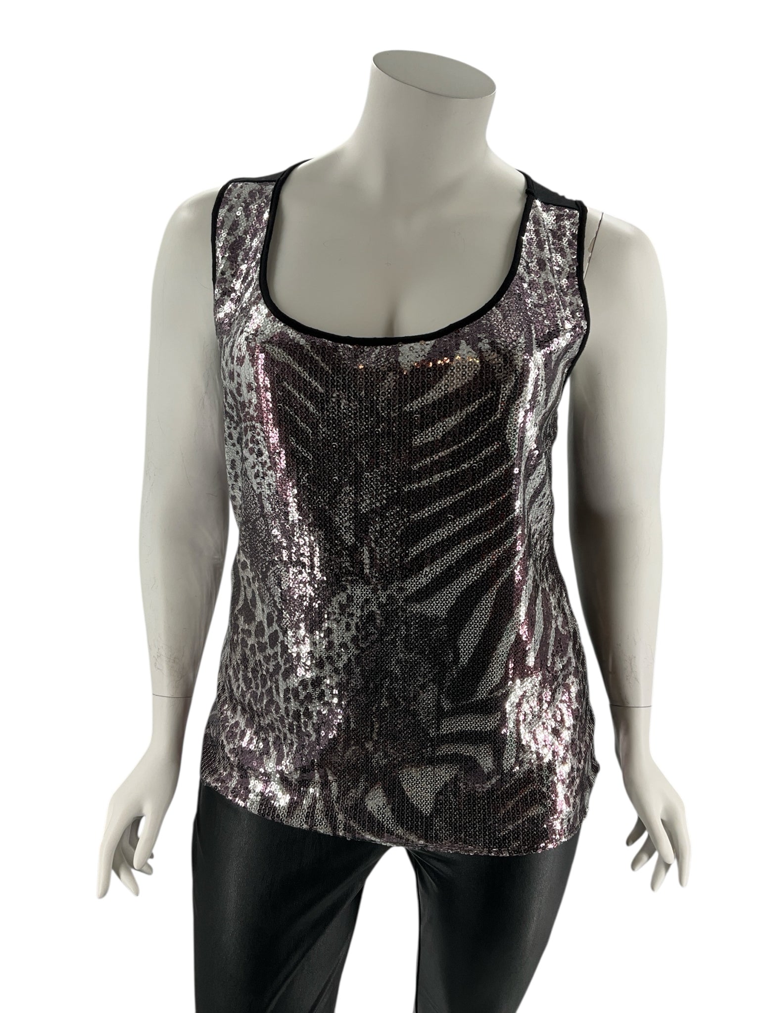 Moa Moa Black/Silver Sequined Animal Pre-Owned Ladies Sleeveless Top - Size 2X