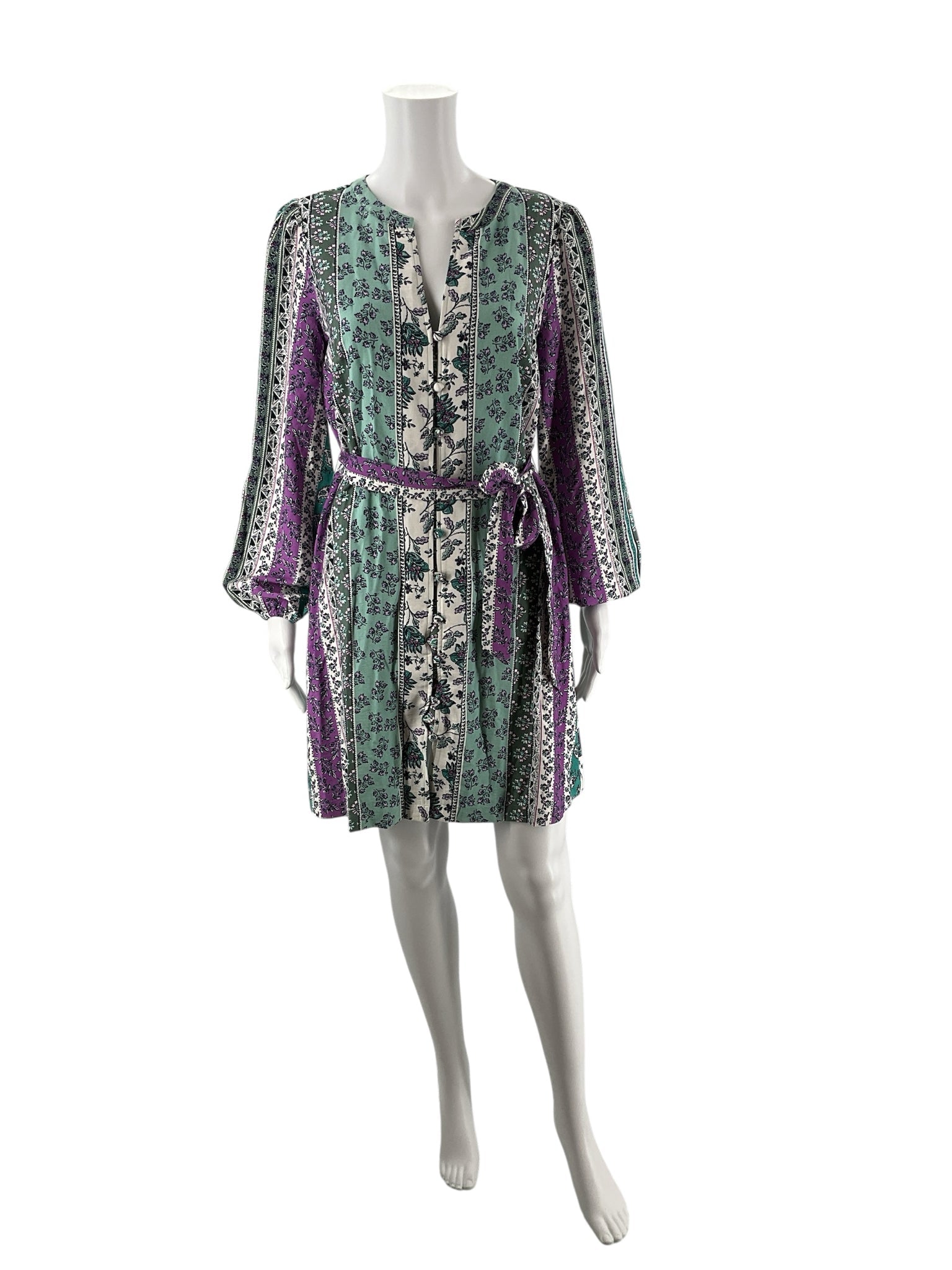 LOFT pre-owned ladies' floral dress in green, purple, and white, A-line style, size 6, with tags visible.