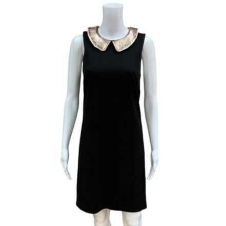 Hutch black sleeveless dress size small displayed on mannequin with metallic collar. Shop timeless elegance at Margaret’s Fine Consignments.