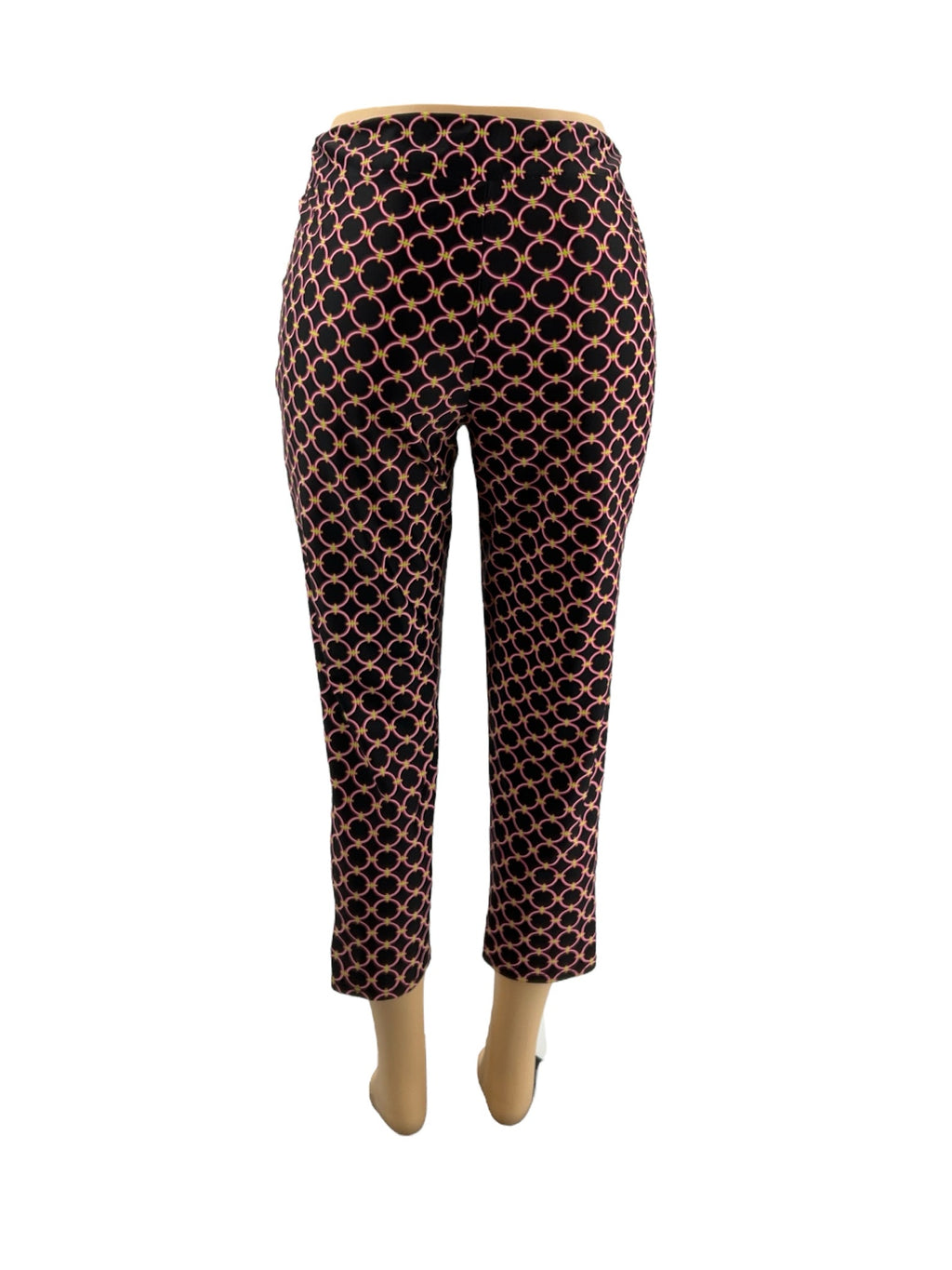 Cropped pull-on slim leg pants in black, pink, and green print by Jude Connally, size medium, displayed on a white background.