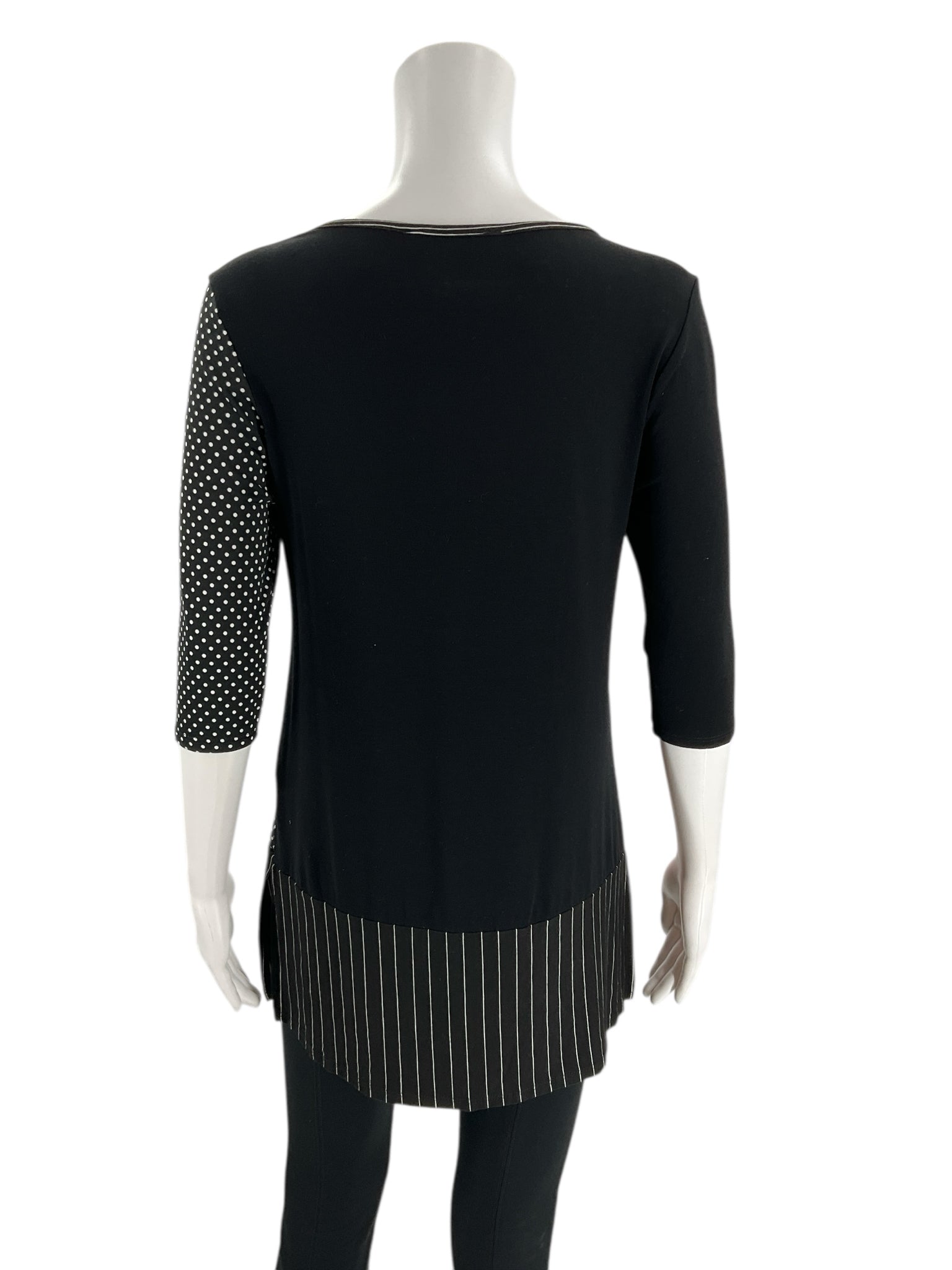 Back view of Cielo Blu red/black women's top, size small, featuring black base with polka dot and pinstripe paneling for a chic consignment look.