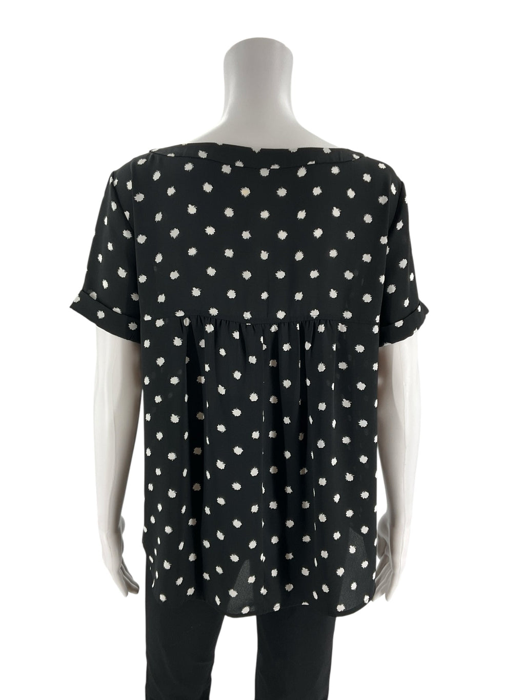 Ann Taylor LOFT black and white polka dot boatneck A-line top with a high-low hem, size small for casual or business casual wear.