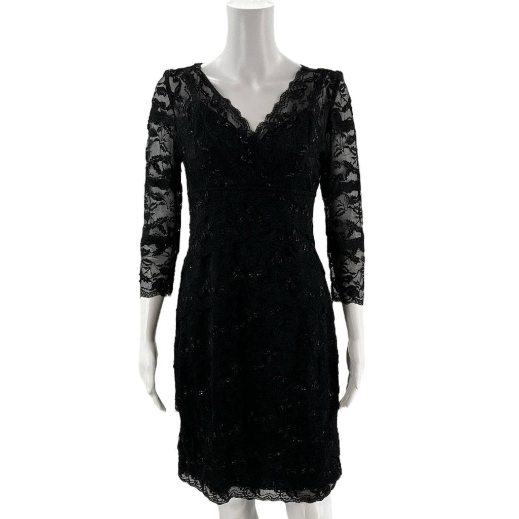 Front view of Marina Dress Size 10 Petite in black lace with V-neck and 3/4 sleeves, pre-owned at Margaret's Fine Consignments.