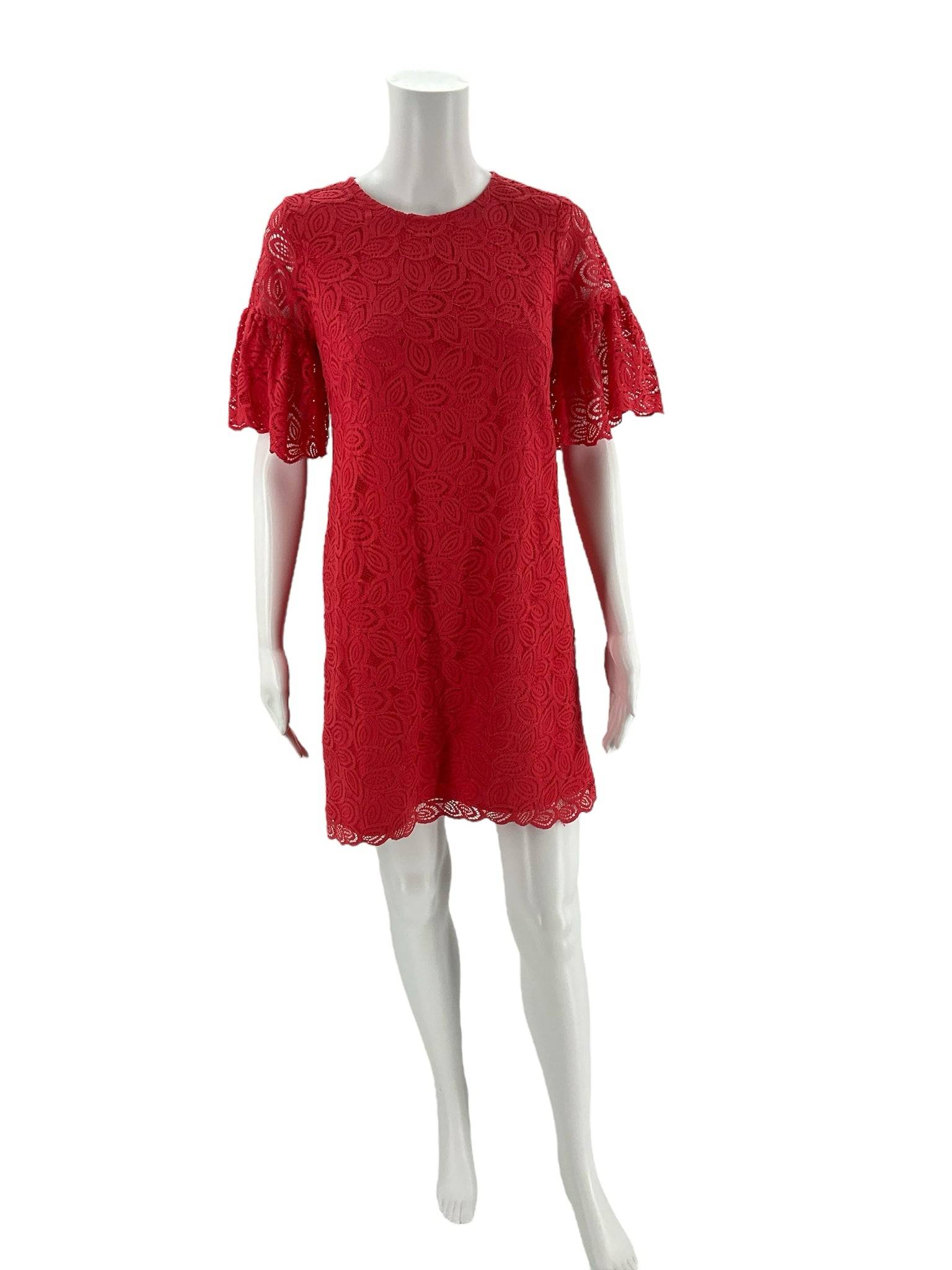 Front view of Ann Taylor Coral Lace Dress Size 2 Petite with scalloped hem and ruffled sleeves, available at Margaret’s Fine Consignments.