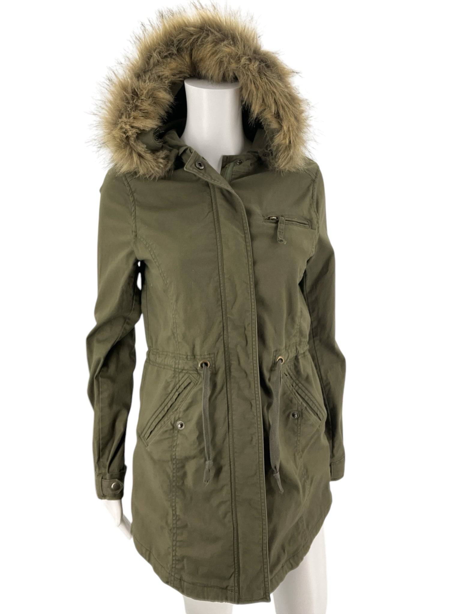 Lucky Brand Olive Solid Jacket – Size XS with faux fur hood, front zip and snap closure, and drawstring waist, sold at Margaret’s Fine Consignment.