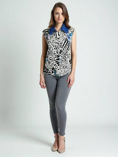 No Brand Vest Size M/L from Margaret’s Fine Consignments styled on model, featuring a crinkle texture and bold blue, white, and black print.