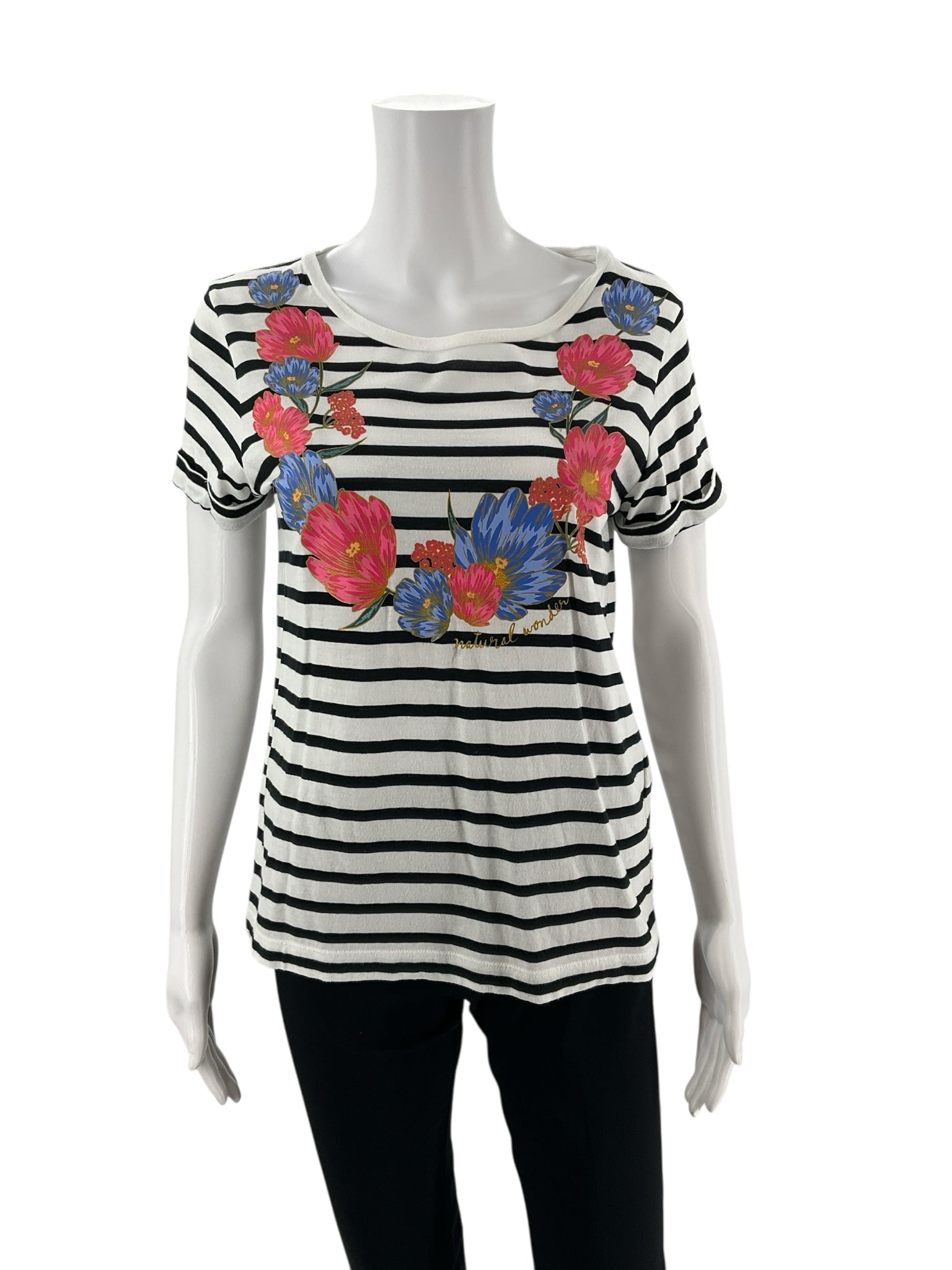 Kate Spade white and multi floral stripe short sleeve graphic tee, pre-owned, size small, casual pullover top.
