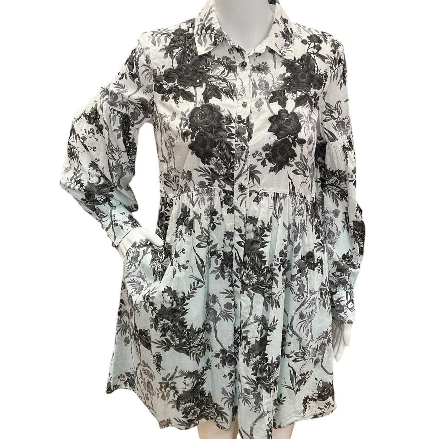 Gently used Anthropologie floral dress size 0 with black and gray botanical print, collared neckline, and gathered waist, available at Margaret's Fine Consignments.