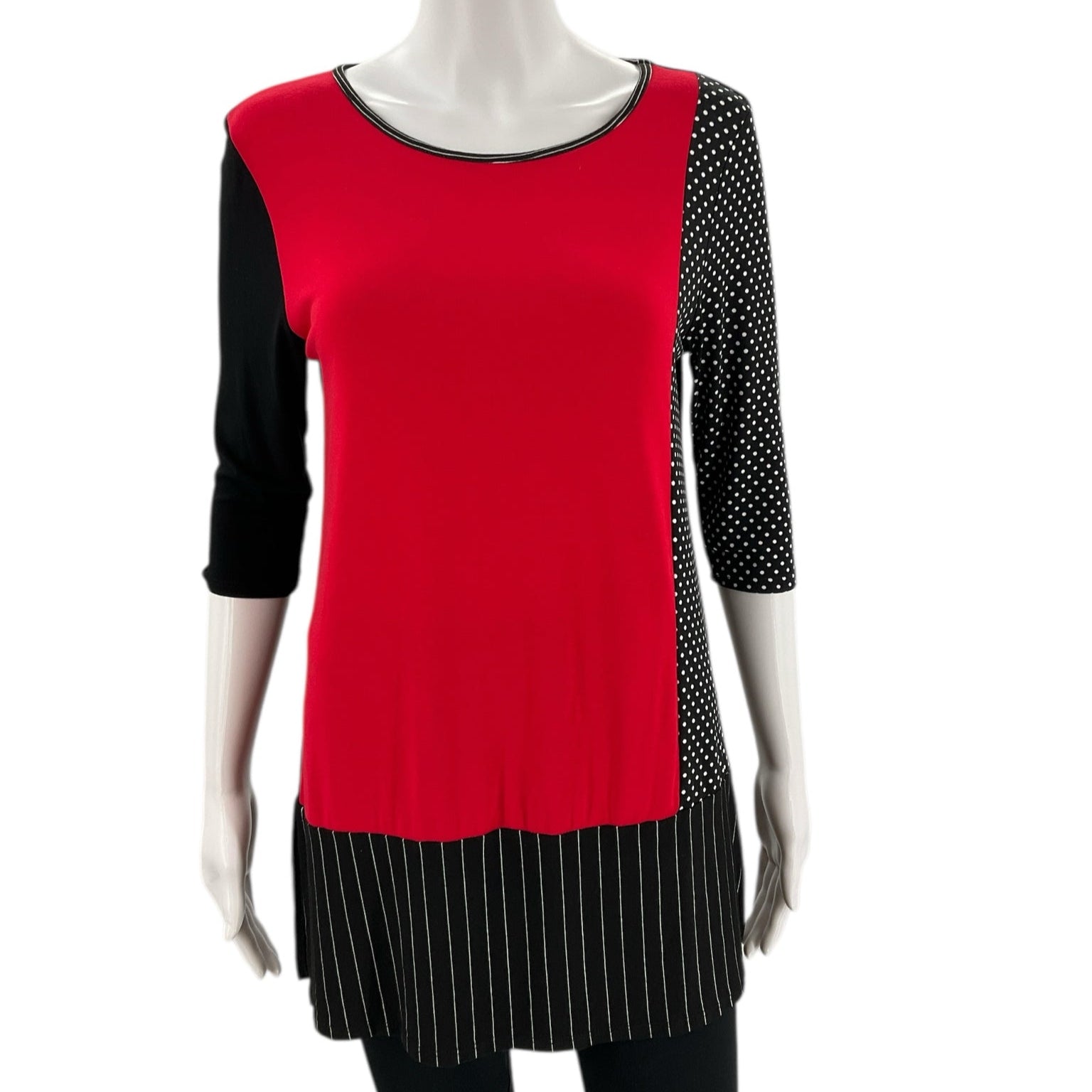 Cielo Blu red/black top in size small with polka dot and pinstripe accents, 3/4 sleeves, and colorblock design for women's consignment style.