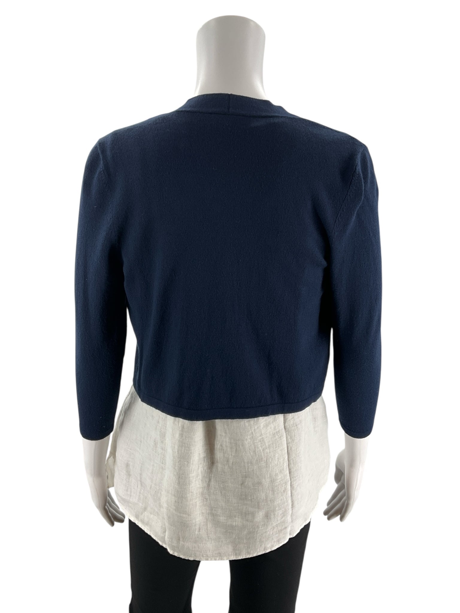 Ann Taylor navy cardigan, pre-owned, open front design, layered style, business casual top for ladies, size petite XS.